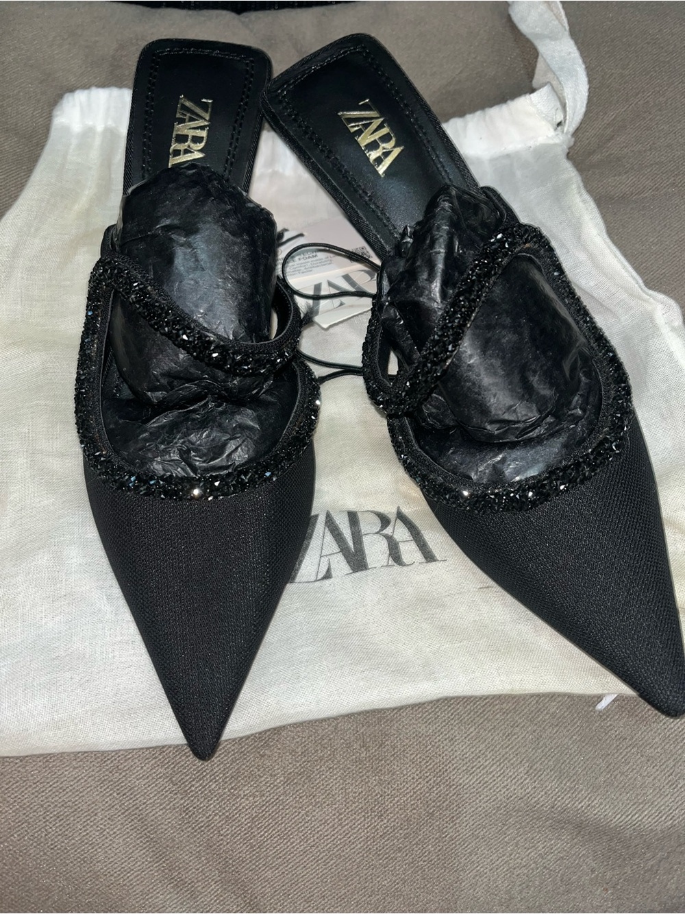 ZARA Black Pointed Toe Beaded Strap Mules
